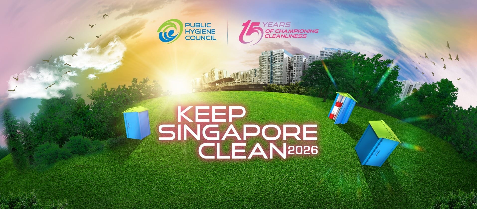 Banner for Keep Singapore Clean 2026, featuring the Public Hygiene Council logo and a '15 Years of Championing Cleanliness' badge, set against a vibrant green landscape with HDB flats and CleanPod units in the background.